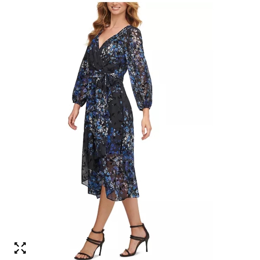 DKNY Womens Blue Floral Faux Wrap Midi Dress Long Sleeve Burnout Chiffon Size 12